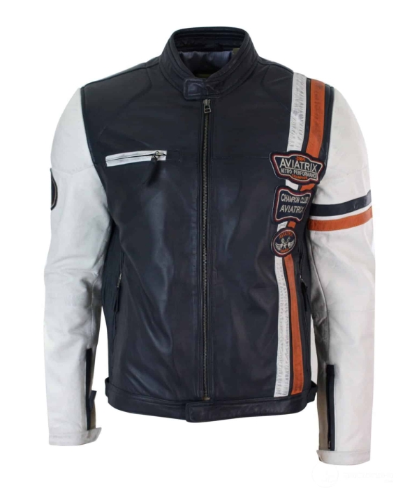 Real Leather Retro Vintage Navy Blue White Mens Biker Jacket Badge Design Casual
