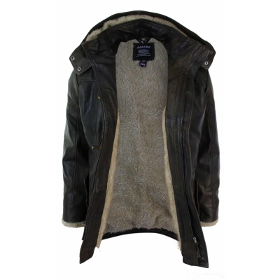 Mens Real Leather Hood Duffle Safari Jacket Long 3/4 Fur Washed Timber Brown Tan-Brown