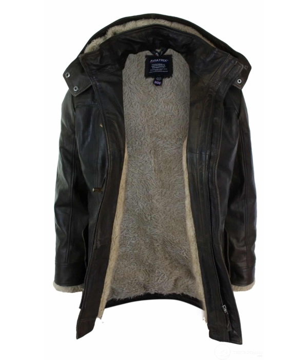 Mens Real Leather Hood Duffle Safari Jacket Long 3/4 Fur Washed Timber Brown Tan-Brown