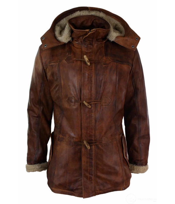 Mens Real Leather Hood Duffle Safari Jacket Long 3/4 Fur Washed Timber Brown Tan-Nevada Timber