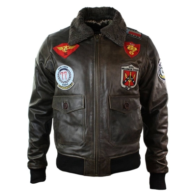 Mens Real Leather US Aviator Air Force Pilot Flying Bomber Jacket Black Fur Collar-Brown