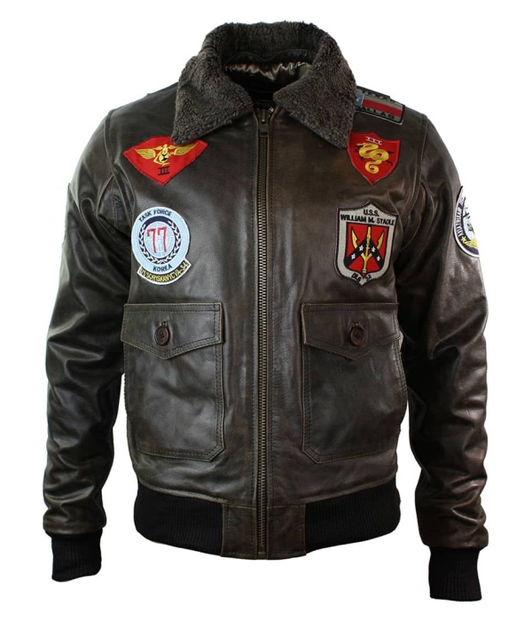 Mens Real Leather US Aviator Air Force Pilot Flying Bomber Jacket Black Fur Collar-Brown