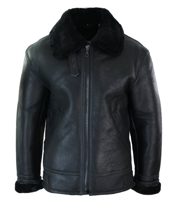 Mens Real Leather Sherling Sheepskin Original B3 Flying Pilot Jacket Warm Winter-B3 Black Black