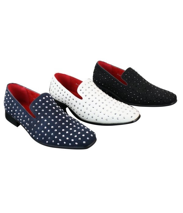 Mens Suede Slip On Loafers Shoes Stud Spikes Silver Smart Casual Shiny Party