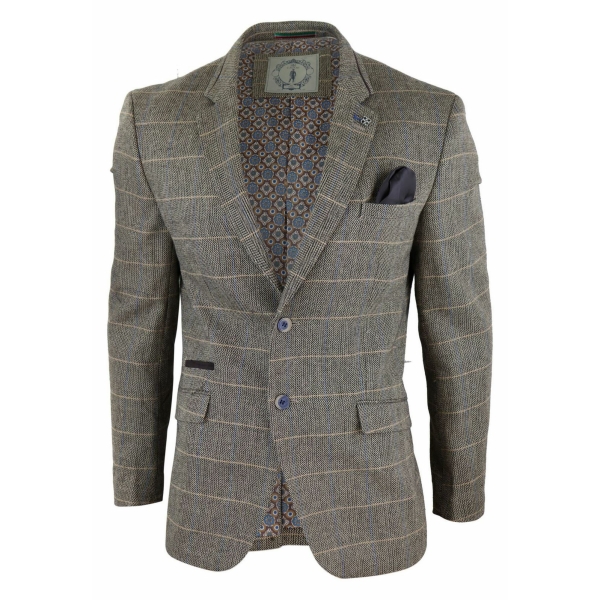 Mens Oak Brown Vintage Check Herringbone Tweed Blazer Jacket or Waistcoat Retro
