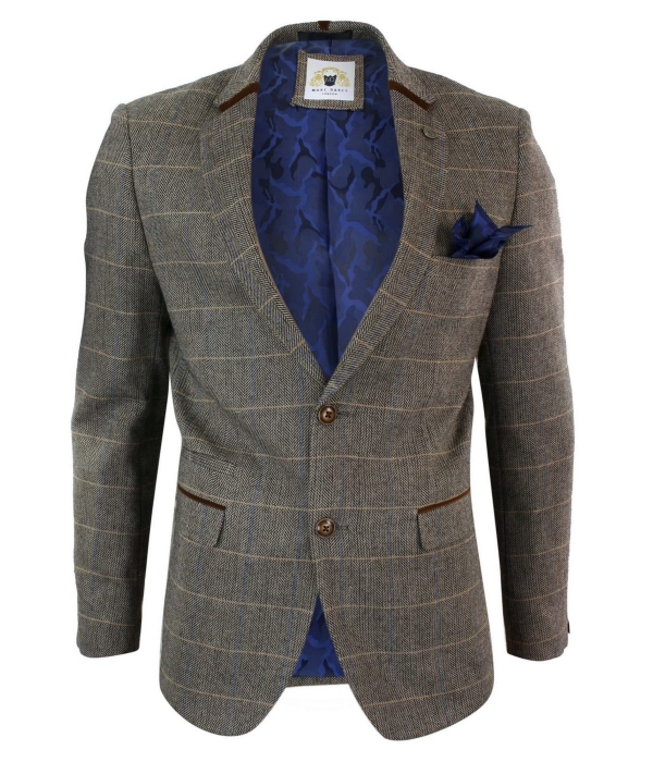 Mens Herringbone Tweed Marc Darcy Tan Brown Slim Fit 2 Button Blazer Check Jacket