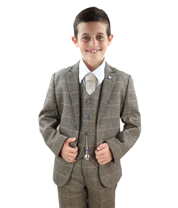 Boys Tan-Brown Tweed 3 Piece Suit - Peaky Blinders Suit  Albert