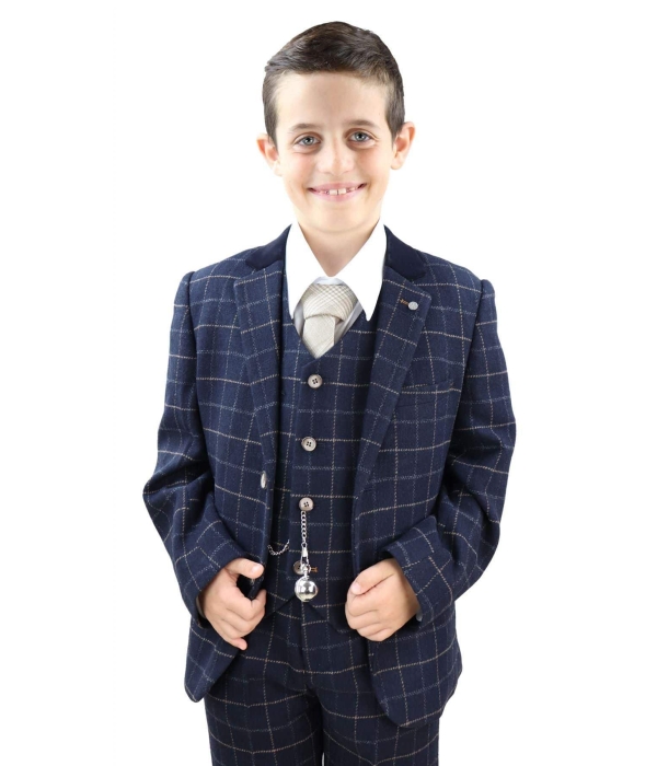 Boys Navy-Blue Check 3 Piece Suit - Peaky Blinders Suit Shelby