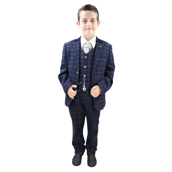 Boys Navy-Blue Check 3 Piece Suit - Peaky Blinders Suit Shelby