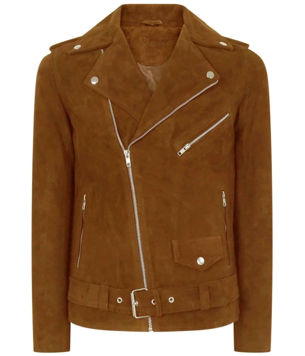 Real Leather Men's Vintage Cross-Zip Brando Suede Jacket - Camel