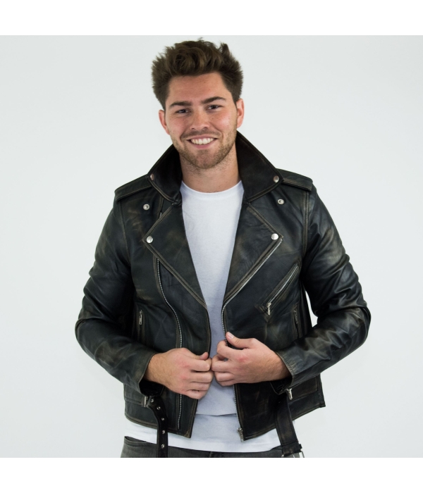 Real Leather Brando - Mens Cross-Zip Brando Real Leather Jacket-Black - Gold