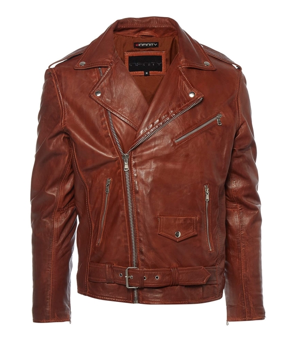 Real Leather Brando - Mens Cross-Zip Brando Jacket-Tan