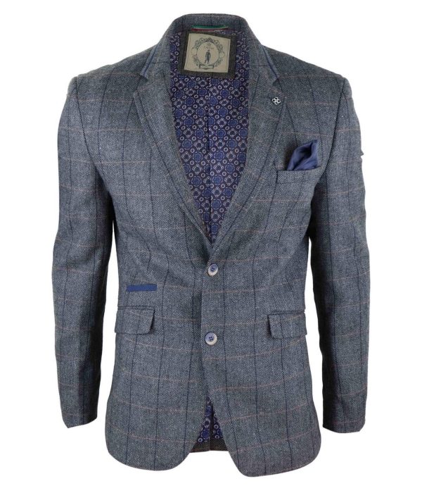 Mens Herringbone Check Vintage Blazer - Cavani Albert-Charcoal