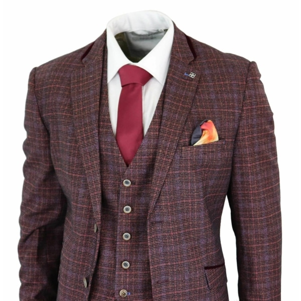 Cavani Carly - Men's 3 Piece Tweed Check Burgundy Suit
