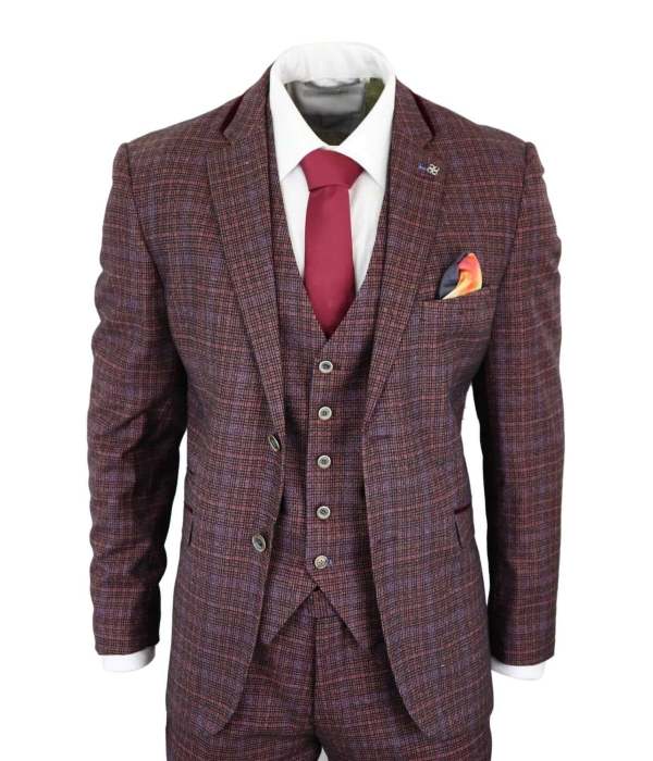 Cavani Carly - Men's 3 Piece Tweed Check Burgundy Suit