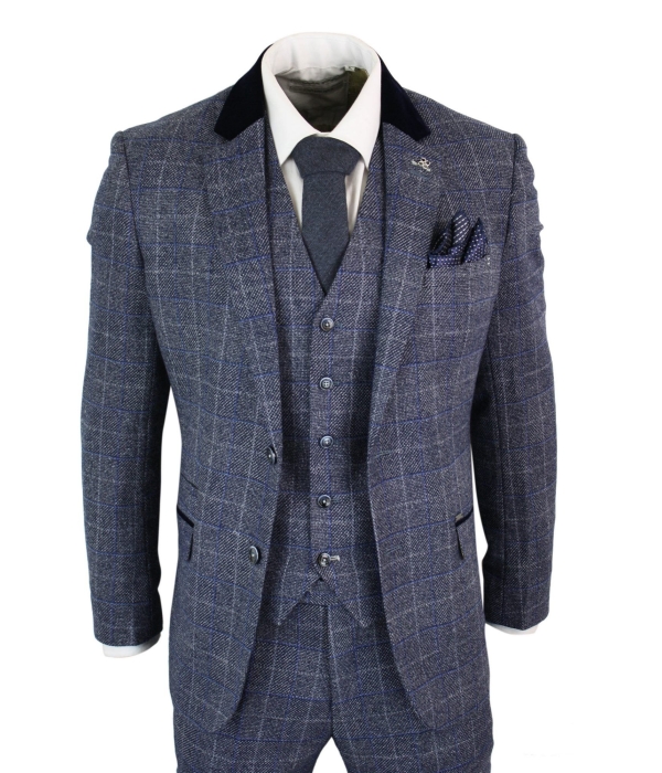 Cavani Miles - Mens Blue Navy 3 Piece Tweed Suit Herringbone Vintage Peaky Blinders 1920's Retro