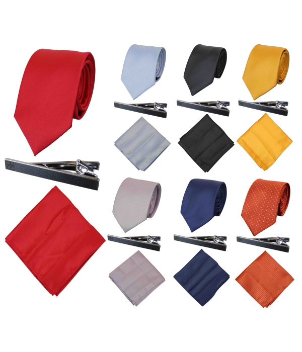 Cavani Satin Tie - Mens Matching Satin Silk Tie Hanky Hankerchief & Tie Clip Polka Dot Wedding Prom Office