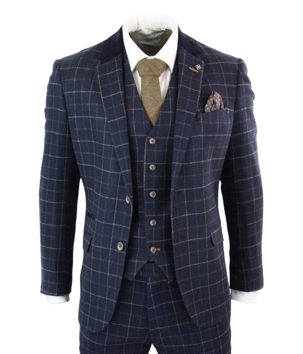 Cavani Shelby - Mens Navy Blue 3 Piece Herringbone Check Suit Vintage Retro Peaky Blinders Tweed