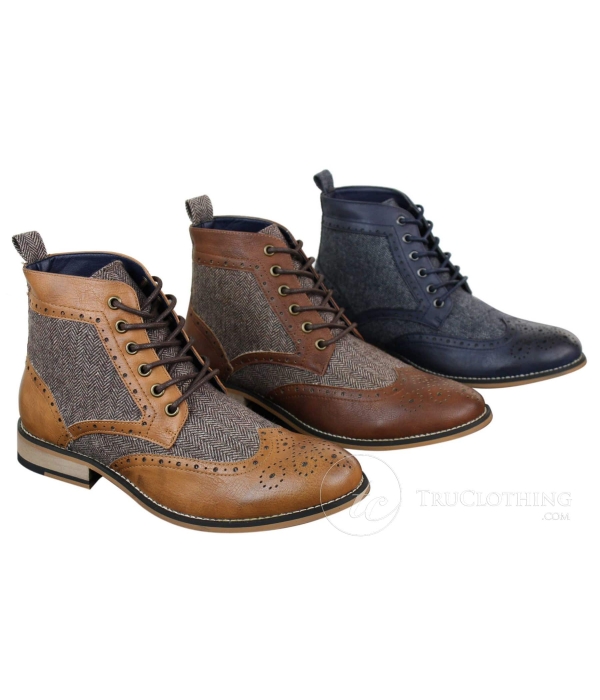 Cavani Sherlock - Mens Leather & Tweed Herringbone Ankle Boots