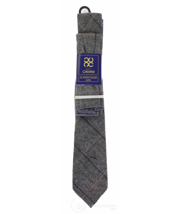 Charcoal Grey Check Tweed Tie with Hankie and Tie Clip - Charcoal Grey