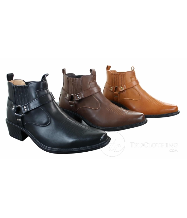 CLASSIQUE MBO 3136 Mens Tan Brown Black Ankle Boots Leather Slip On Cowboy Western Riding Buckle