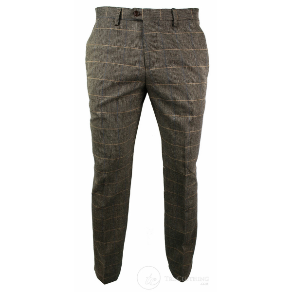 Dx-7 - Men's Tweed Check Trouser Herringbone Tan Brown Regular