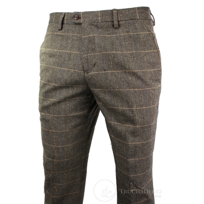 Dx-7 - Men's Tweed Check Trouser Herringbone Tan Brown Regular