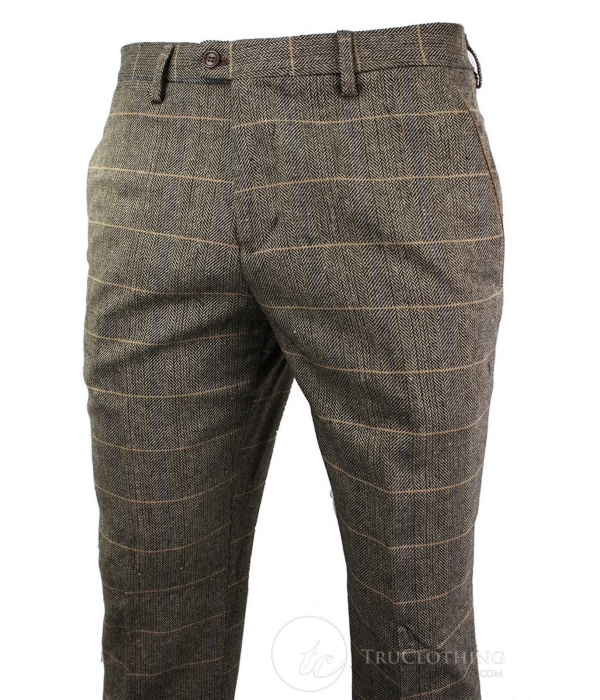 Dx-7 - Men's Tweed Check Trouser Herringbone Tan Brown Regular