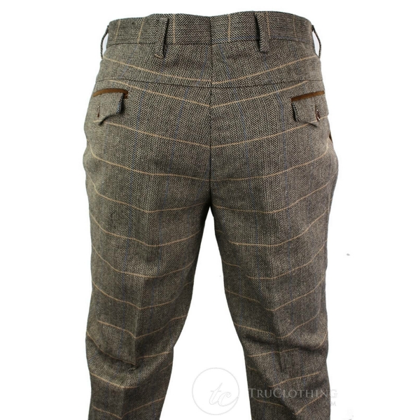 Dx-7 - Men's Tweed Check Trouser Herringbone Tan Brown Regular