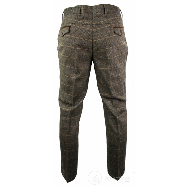 Dx-7 - Men's Tweed Check Trouser Herringbone Tan Brown Regular