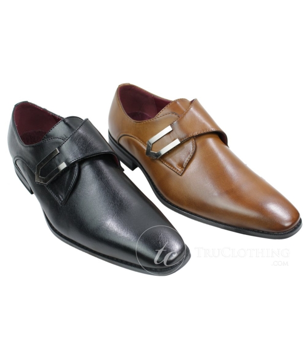 Mens Tan Brown Black Leather Shoes Italian Design Metal Buckle Slip On Smart