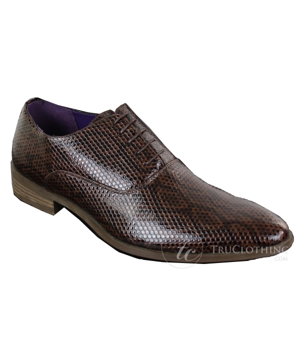 Elong EL0536 - Mens Laced Brown Black Snake Shiny Patent Leather Lined Smart Formal Shoes Classic