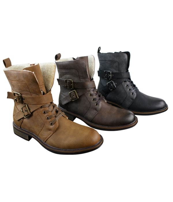 Mens Punk Rock Goth Emo Biker Ankle Boots Leather Buckle Fur Fleece Lined