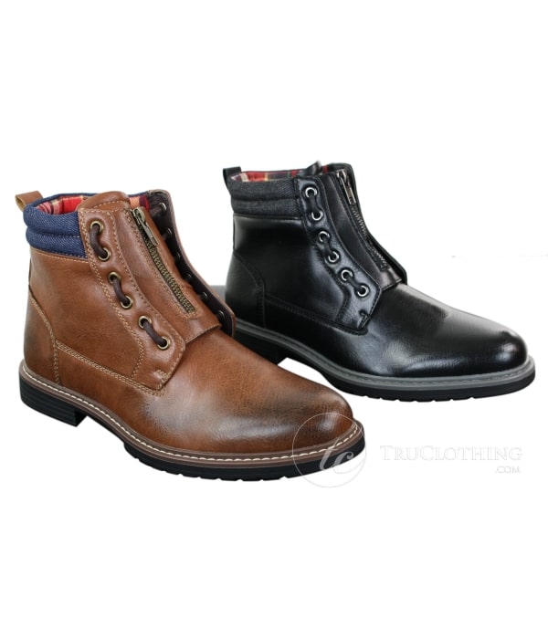 Elong EL0653 - Mens Zip Laced Casual Punk Rock Goth Emo Ankle Boots Brown Black Leather