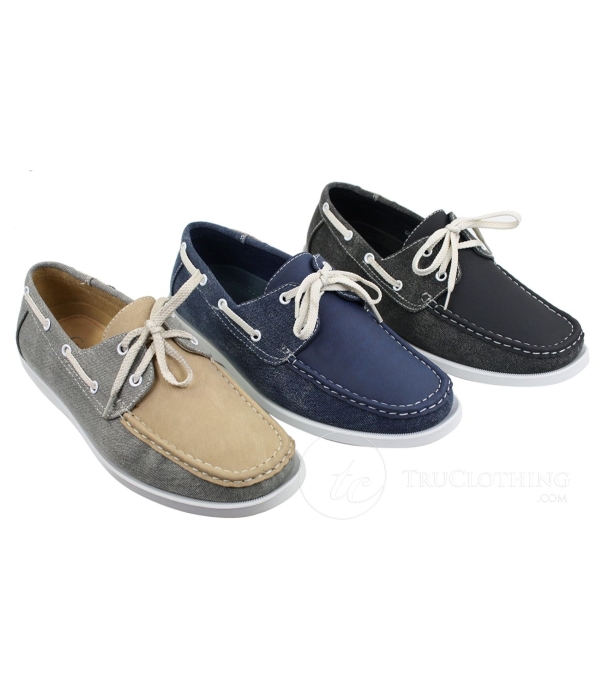 Mens Retro Denim Style Vintage Deck Boat Shoes Smart Casual Laced Navy Washed