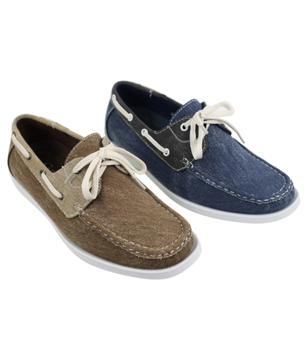 Mens Denim Canvas Retro Laced Moccasin Boat Deck Shoes Washed Navy Beige