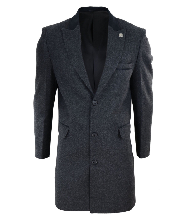 Herringbone Tweed 3/4 Long Overcoat-Charcoal