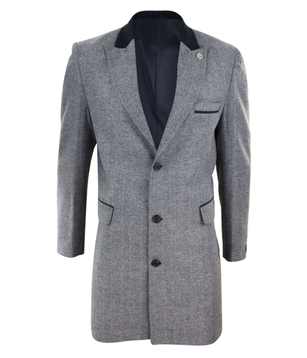 Herringbone Tweed 3/4 Long Overcoat-Grey