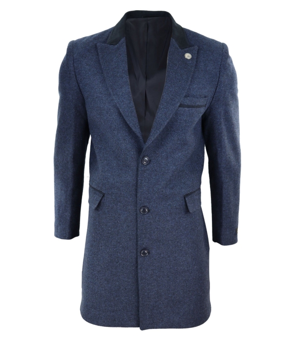 Herringbone Tweed 3/4 Long Overcoat-Navy