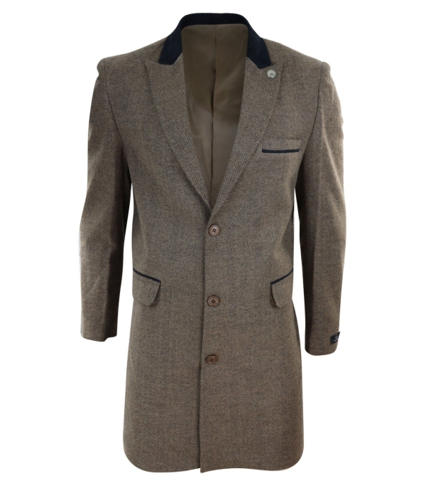 Herringbone Tweed 3/4 Long Overcoat-Oak