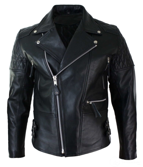 Real Leather Cross Zip Cow Hide Padded Mens Biker Jacket White Black Brando Vintage-Black
