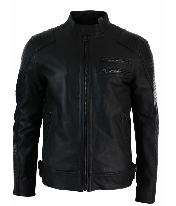 Real Leather Slim Fit Washed Black Zip Mens Biker Jacket Short Casual