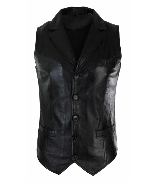 Mens Real Leather Tan Brown Black Smart Casual Gilet Waistcoat Vintage Retro-Black