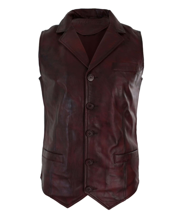 Mens Real Leather Tan Brown Black Smart Casual Gilet Waistcoat Vintage Retro-Burgundy