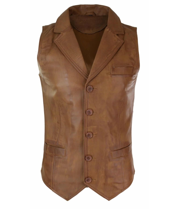 Mens Real Leather Tan Brown Black Smart Casual Gilet Waistcoat Vintage Retro-Tan