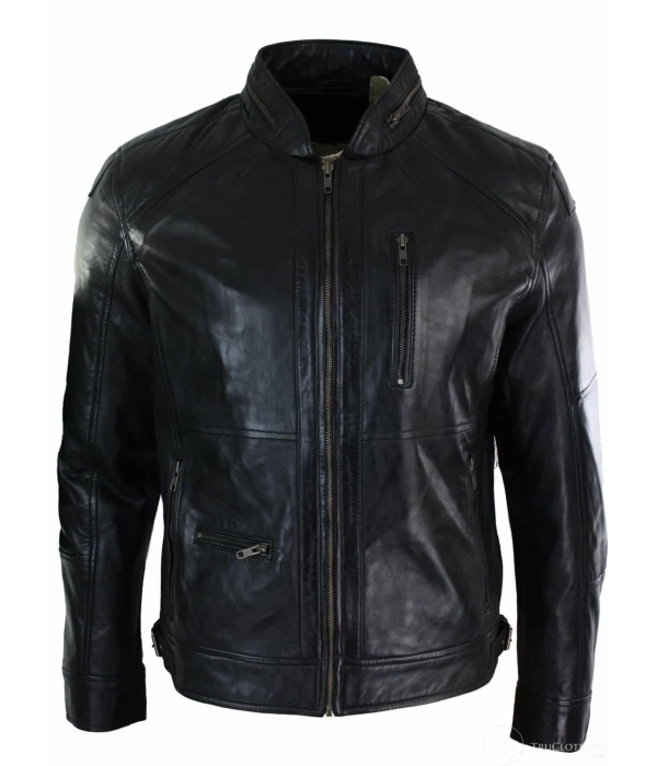 Real Leather Zipped Biker Style Smart Casual Men's Jacket Black Brown Olive Urban-Black