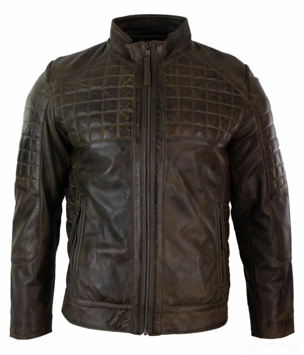 Real Leather Tailored Fit Stitch Designer Mens Zipped Biker Jacket-Brown