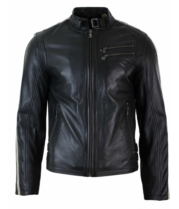 Real Leather Slim Fit Short Mens Biker Racing Jacket Stripes Sleeves Zipped