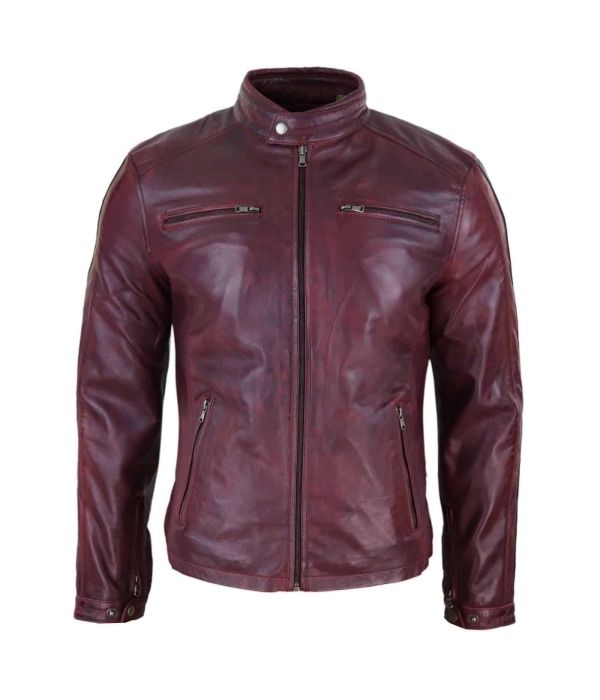 Genuine Real Leather Biker Jacket for Men - Wine Colour