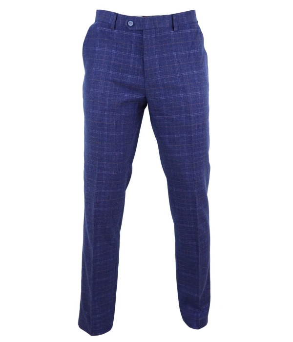 Mens Blue Tweed Check Trousers - Cavani Kaiser